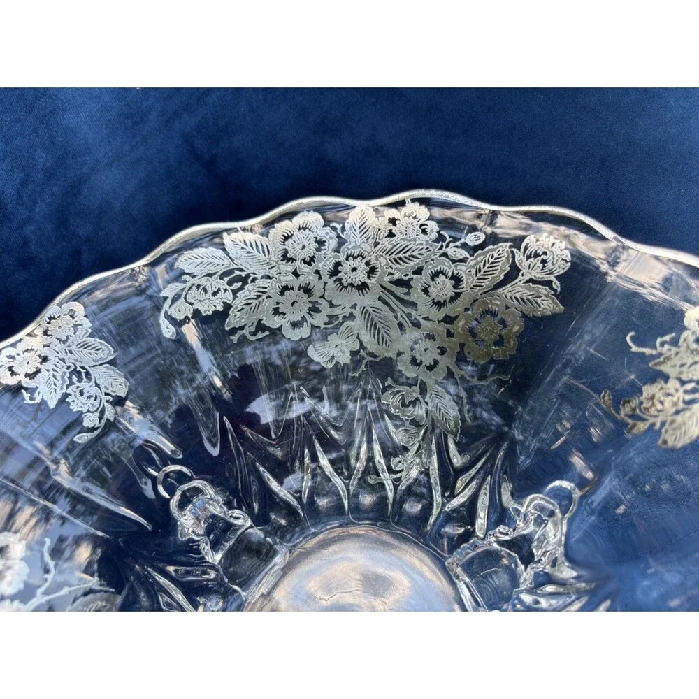 Vintage Floral Etched Glass Compote Bowl on Three Feet Decorative Centerpiece